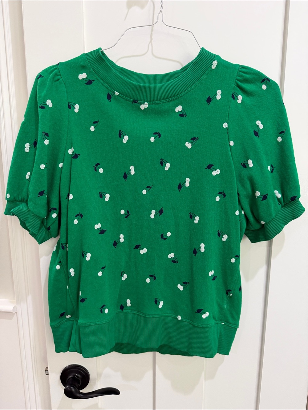 Maeve Green Cherry-Print Puff-Sleeve Top
